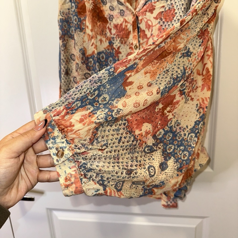 Anthropologie Patchwork Floral Button-Down Blouse in Blue, Rust, Cream - Picture 3 of 9